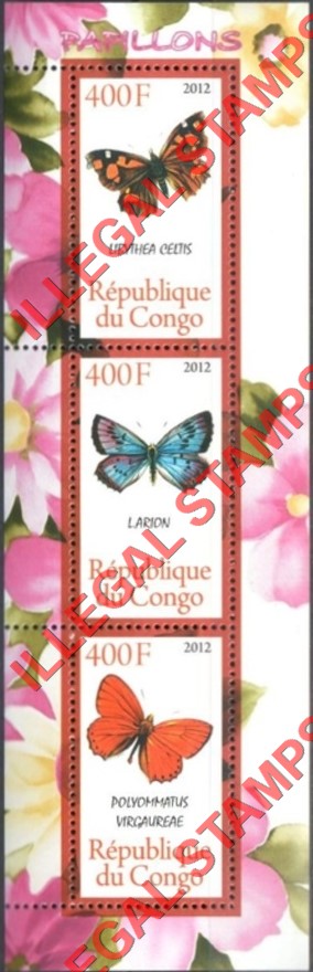 Congo Republic 2012 Butterflies Illegal Stamp Souvenir Sheet of 3 Congo Republic 2012 Butterflies Illegal Stamp Souvenir Sheet of 3