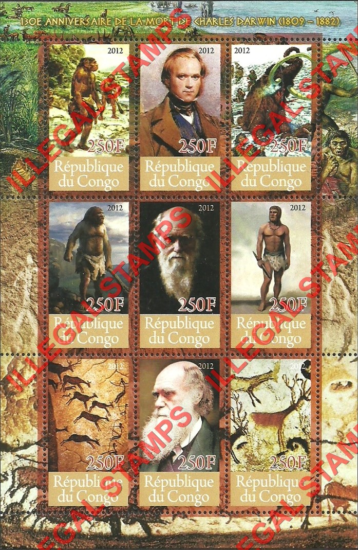 Congo Republic 2012 Charles Darwin Illegal Stamp Souvenir Sheet of 9 Congo Republic 2012 Charles Darwin Illegal Stamp Souvenir Sheet of 9