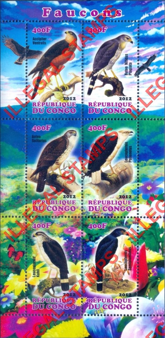 Congo Republic 2012 Falcons Illegal Stamp Souvenir Sheet of 6 Congo Republic 2012 Falcons Illegal Stamp Souvenir Sheet of 6