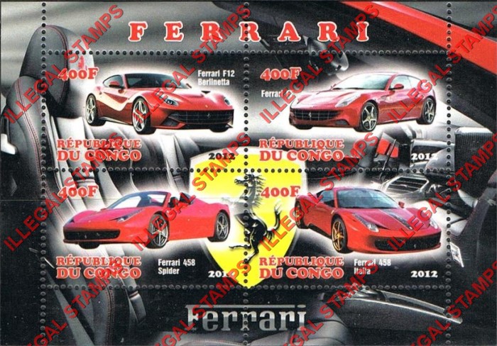 Congo Republic 2012 Ferrari Illegal Stamp Souvenir Sheet of 4 Congo Republic 2012 Ferrari Illegal Stamp Souvenir Sheet of 4