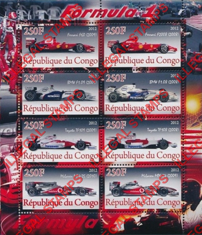 Congo Republic 2012 Formula I Illegal Stamp Souvenir Sheet of 8 Congo Republic 2012 Formula I Illegal Stamp Souvenir Sheet of 8