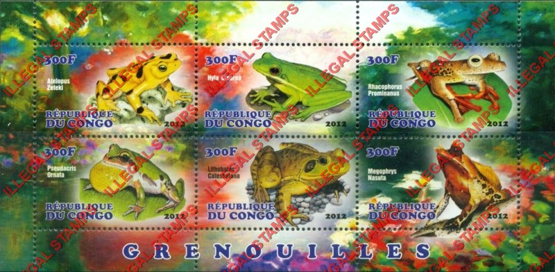 Congo Republic 2012 Frogs Illegal Stamp Souvenir Sheet of 6 Congo Republic 2012 Frogs Illegal Stamp Souvenir Sheet of 6