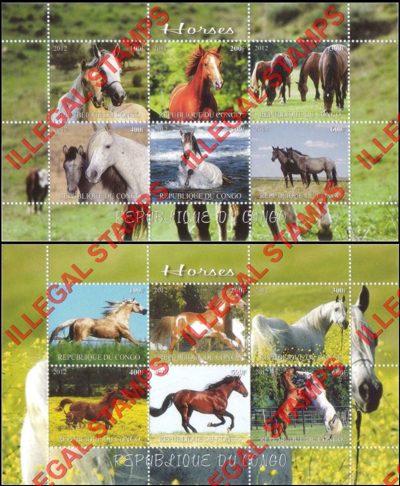 Congo Republic 2012 Horses Illegal Stamp Souvenir Sheets of 6 (Part 2) Congo Republic 2012 Horses Illegal Stamp Souvenir Sheets of 6 (Part 2)