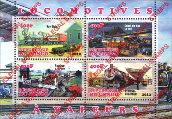 Congo Republic 2012 Locomotives Illegal Stamp Souvenir Sheet of 4 Congo Republic 2012 Locomotives Illegal Stamp Souvenir Sheet of 4