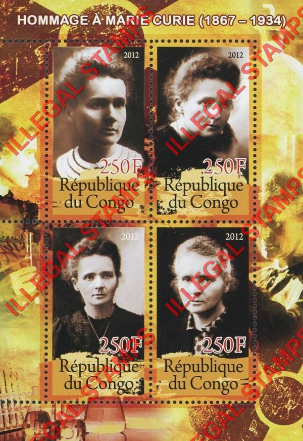 Congo Republic 2012 Marie Curie Illegal Stamp Souvenir Sheet of 4 Congo Republic 2012 Marie Curie Illegal Stamp Souvenir Sheet of 4