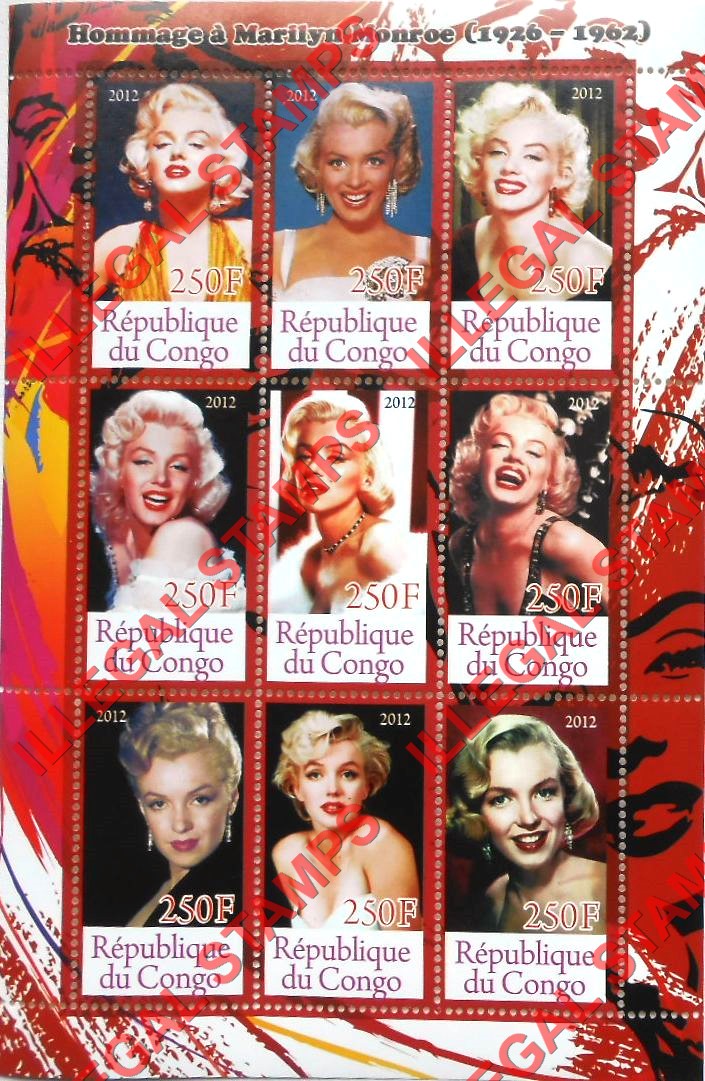 Congo Republic 2012 Marilyn Monroe Illegal Stamp Souvenir Sheet of 9 Congo Republic 2012 Marilyn Monroe Illegal Stamp Souvenir Sheet of 9