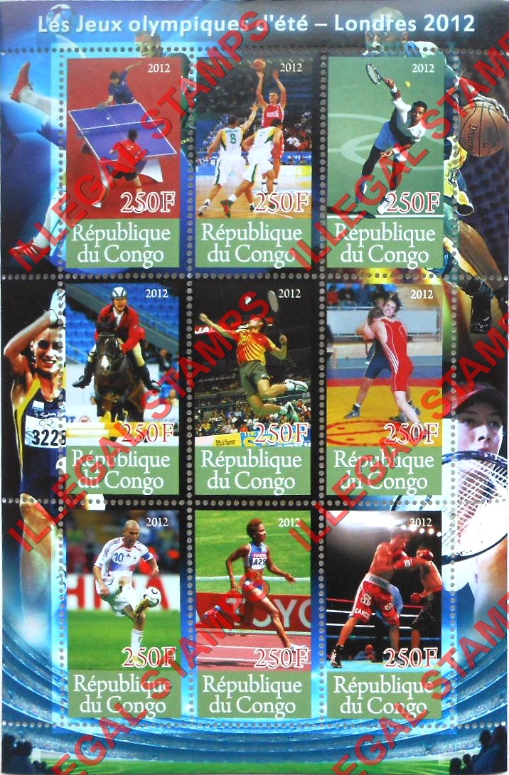 Congo Republic 2012 Olympics Illegal Stamp Souvenir Sheet of 9 Congo Republic 2012 Olympics Illegal Stamp Souvenir Sheet of 9