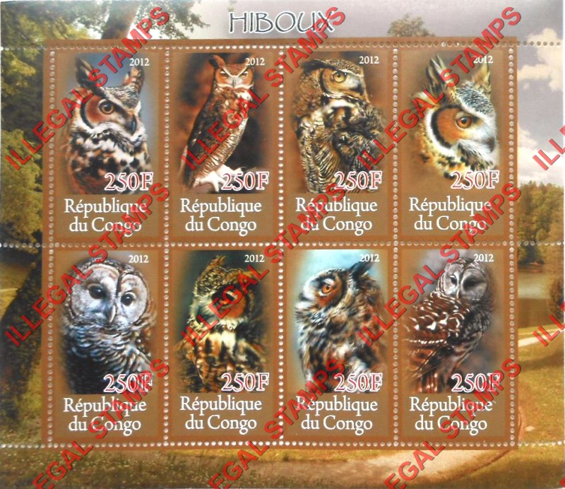 Congo Republic 2012 Owls Illegal Stamp Souvenir Sheet of 8 Congo Republic 2012 Owls Illegal Stamp Souvenir Sheet of 8