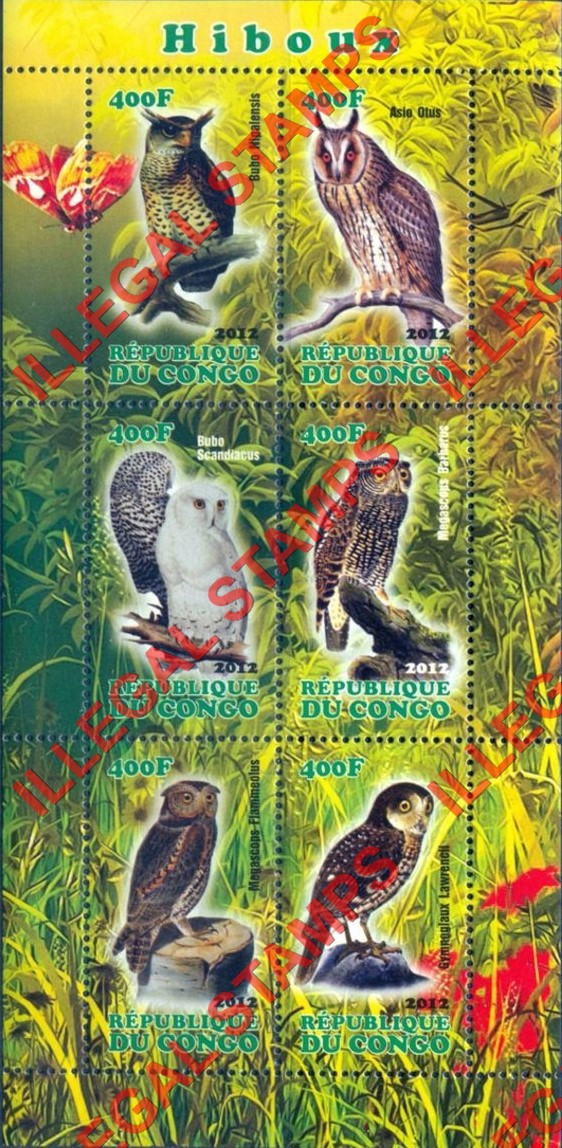 Congo Republic 2012 Owls Illegal Stamp Souvenir Sheet of 6 Congo Republic 2012 Owls Illegal Stamp Souvenir Sheet of 6