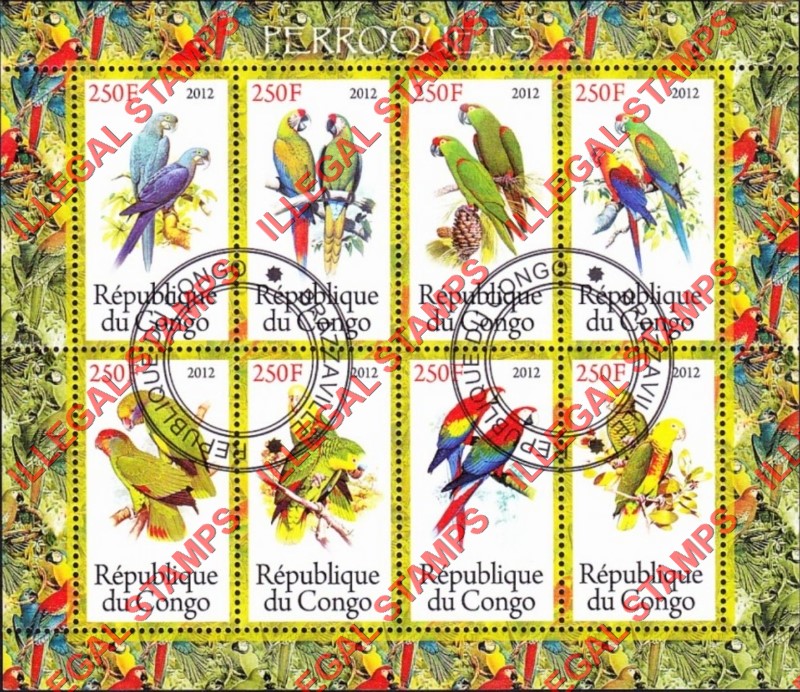 Congo Republic 2012 Parrots Illegal Stamp Souvenir Sheet of 8 Congo Republic 2012 Parrots Illegal Stamp Souvenir Sheet of 8
