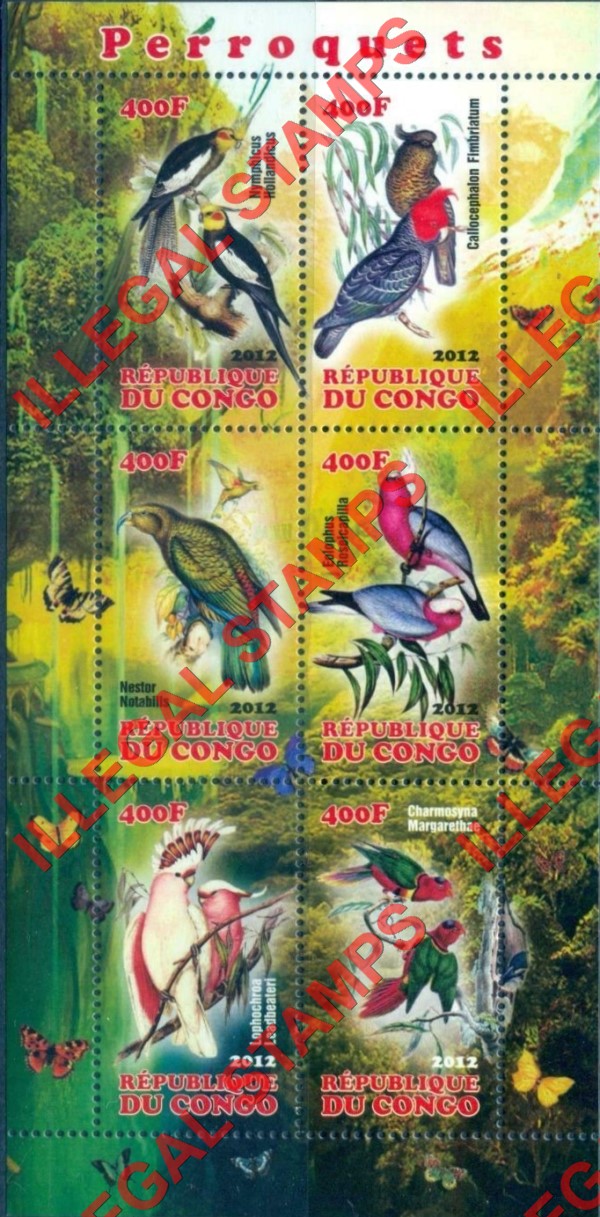 Congo Republic 2012 Parrots Illegal Stamp Souvenir Sheet of 6 Congo Republic 2012 Parrots Illegal Stamp Souvenir Sheet of 6