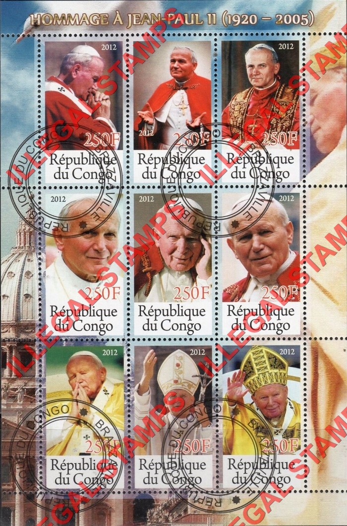 Congo Republic 2012 Pope John Paul II Illegal Stamp Sovenir Sheet of 9 Congo Republic 2012 Pope John Paul II Illegal Stamp Souvenir Sheet of 9