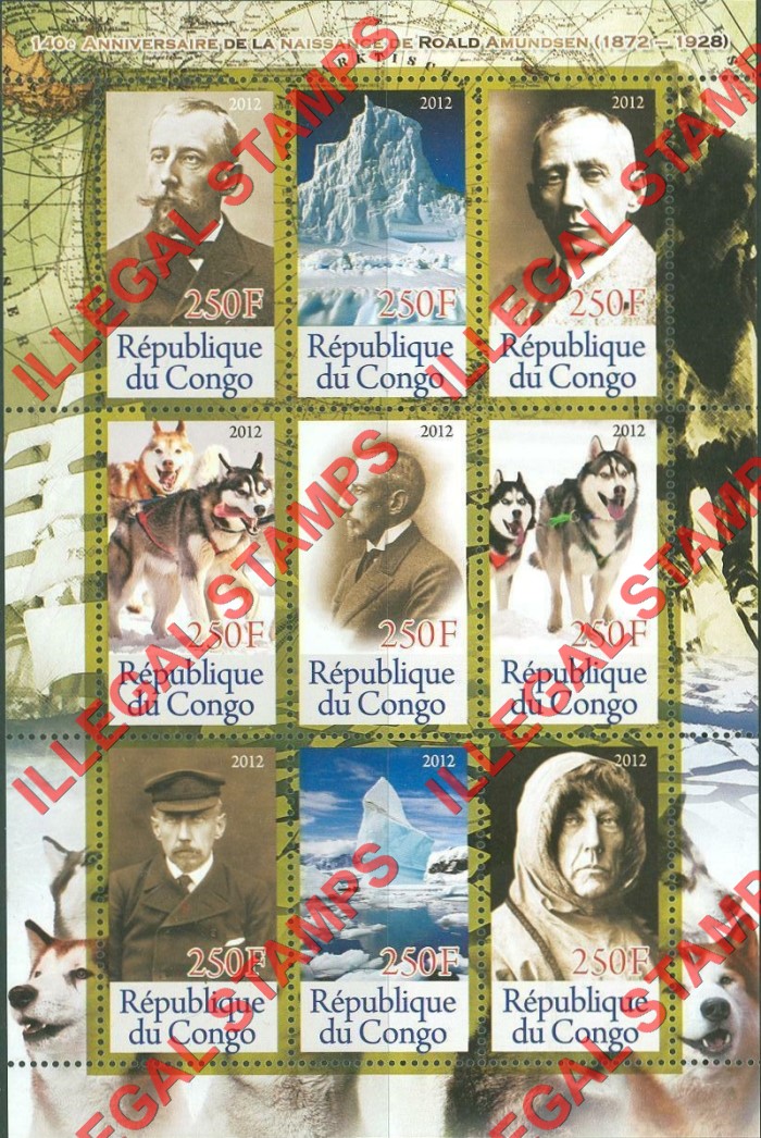 Congo Republic 2012 Roald Amundsen Illegal Stamp Sovenir Sheet of 9 Congo Republic 2012 Roald Amundsen Illegal Stamp Souvenir Sheet of 9