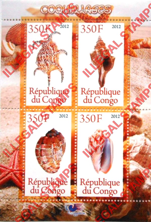 Congo Republic 2012 Shells Illegal Stamp Sovenir Sheet of 4 Congo Republic 2012 Shells Illegal Stamp Souvenir Sheet of 4