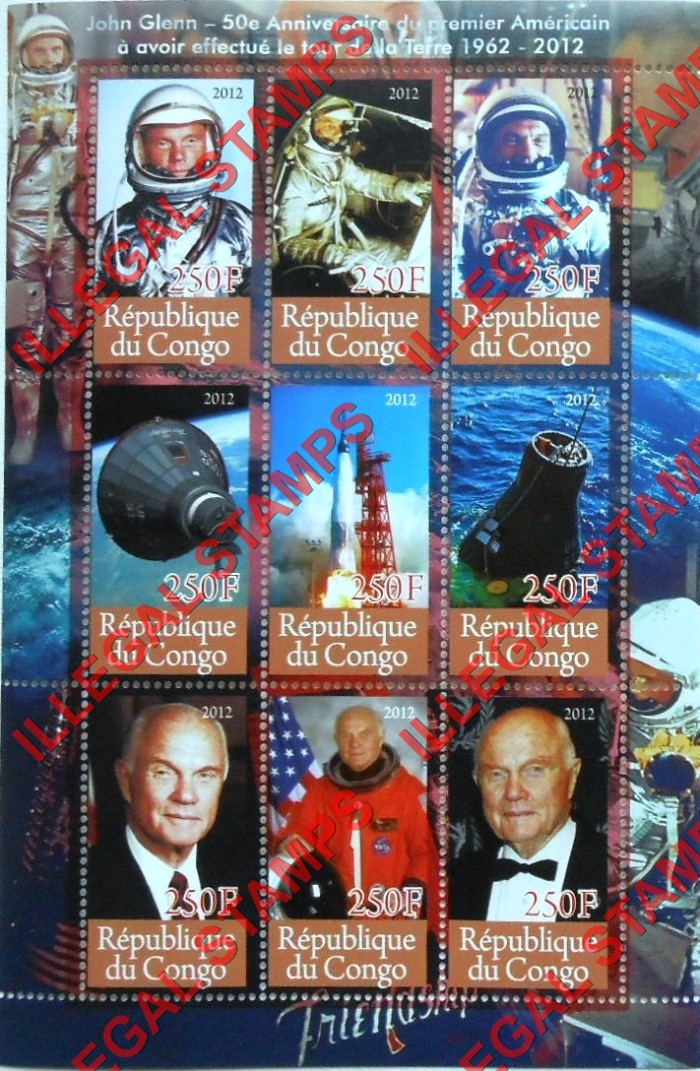 Congo Republic 2012 Space John Glenn Illegal Stamp Sovenir Sheet of 9 Congo Republic 2012 Space John Glenn Illegal Stamp Souvenir Sheet of 9