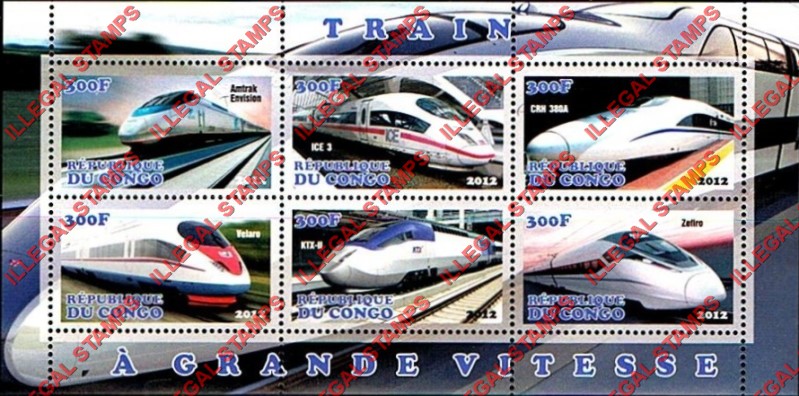 Congo Republic 2012 High Speed Trains Illegal Stamp Souvenir Sheet of 6 Congo Republic 2012 High Speed Trains Illegal Stamp Souvenir Sheet of 6