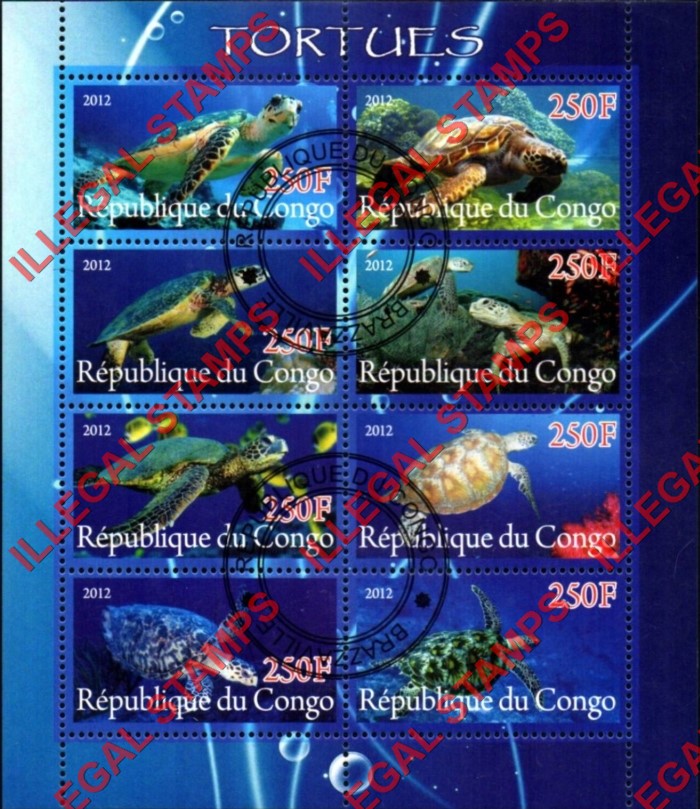 Congo Republic 2012 Turtles Illegal Stamp Souvenir Sheet of 8 Congo Republic 2012 Turtles Illegal Stamp Souvenir Sheet of 8