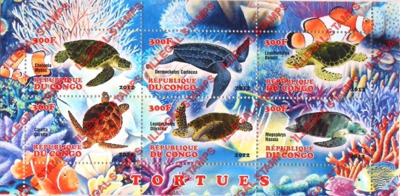 Congo Republic 2012 Turtles Illegal Stamp Souvenir Sheet of 6 Congo Republic 2012 Turtles Illegal Stamp Souvenir Sheet of 6