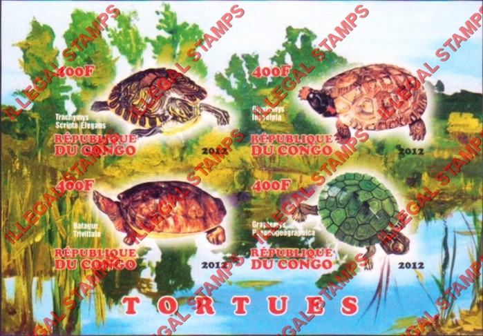Congo Republic 2012 Turtles Illegal Stamp Souvenir Sheet of 4 Congo Republic 2012 Turtles Illegal Stamp Souvenir Sheet of 4
