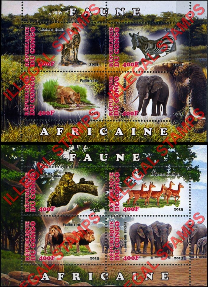 Congo Republic 2013 African Fauna Illegal Stamp Souvenir Sheets of 4 Congo Republic 2013 African Fauna Illegal Stamp Souvenir Sheets of 4
