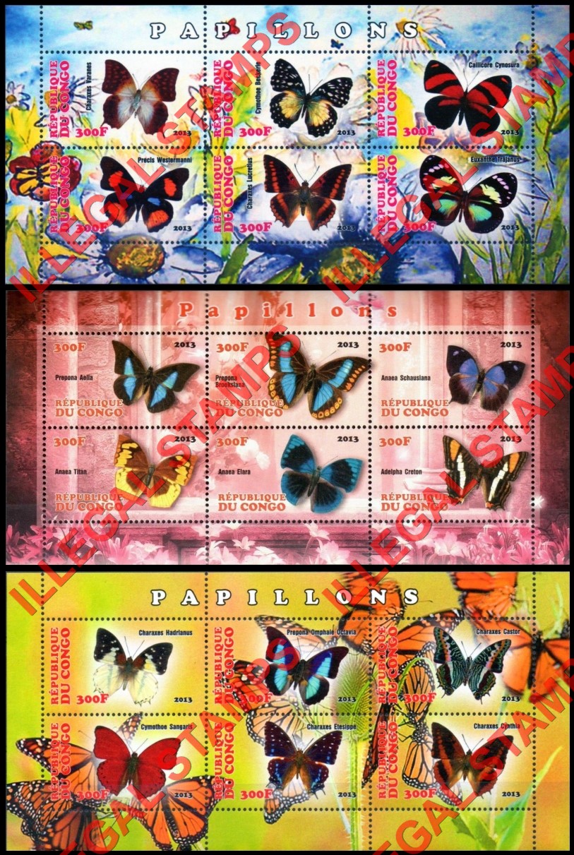 Congo Republic 2013 Butterflies Illegal Stamp Souvenir Sheets of 6 Congo Republic 2013 Butterflies Illegal Stamp Souvenir Sheets of 6