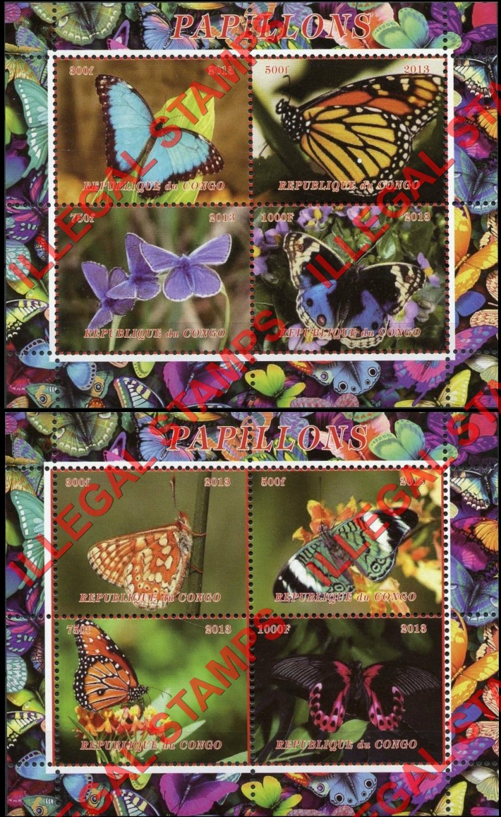 Congo Republic 2013 Butterflies Illegal Stamp Souvenir Sheets of 4 with Butterfly Background (Part 1) Congo Republic 2013 Butterflies Illegal Stamp Souvenir Sheets of 4 with Butterfly Background (Part 1)