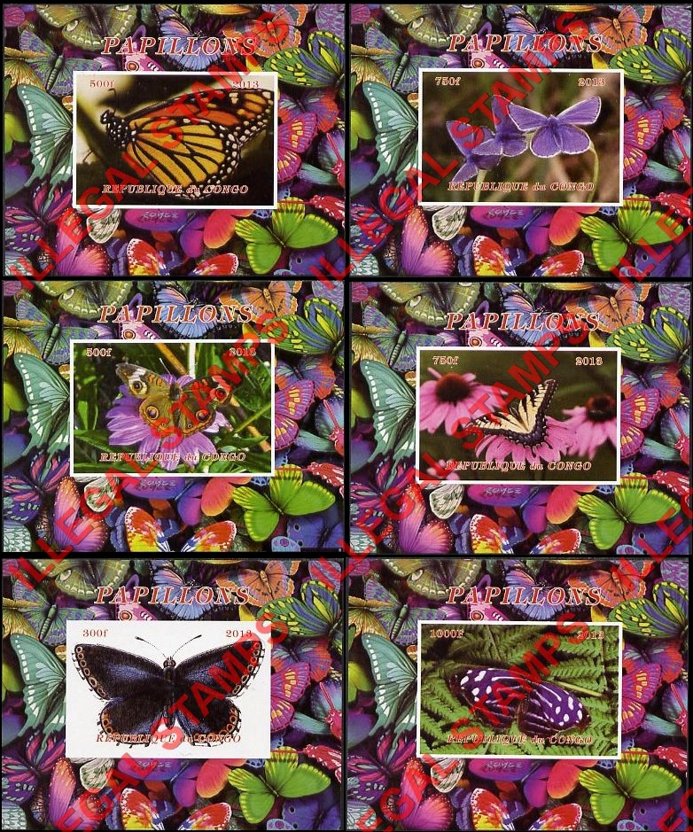 Congo Republic 2013 Butterflies Illegal Stamp Souvenir Sheets of 1 with Butterfly Background Congo Republic 2013 Butterflies Illegal Stamp Souvenir Sheets of 1 with Butterfly Background