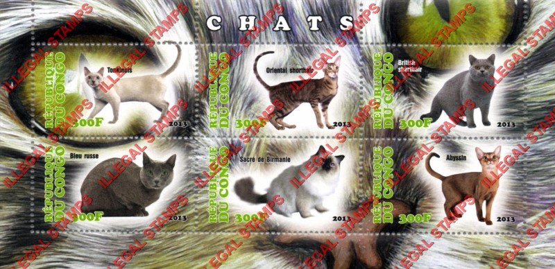 Congo Republic 2013 Cats Illegal Stamp Souvenir Sheet of 6 Congo Republic 2013 Cats Illegal Stamp Souvenir Sheet of 6