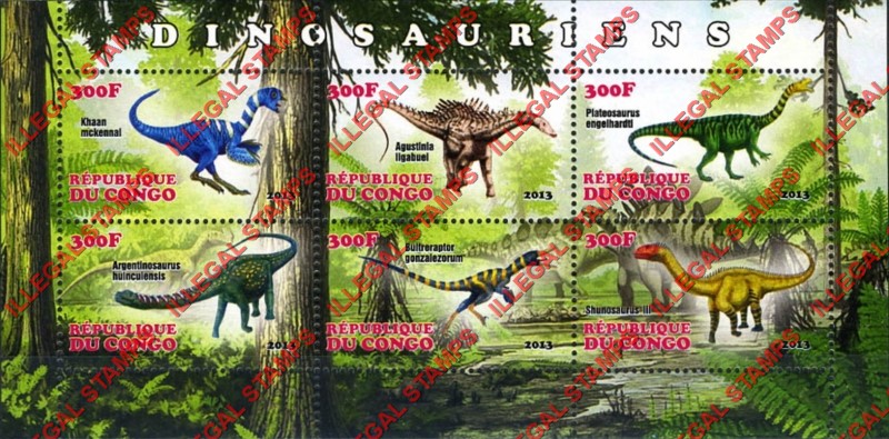 Congo Republic 2013 Dinosaurs Illegal Stamp Souvenir Sheet of 6 Congo Republic 2013 Dinosaurs Illegal Stamp Souvenir Sheet of 6