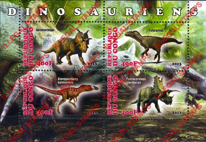 Congo Republic 2013 Dinosaurs Illegal Stamp Souvenir Sheet of 4 Congo Republic 2013 Dinosaurs Illegal Stamp Souvenir Sheet of 4