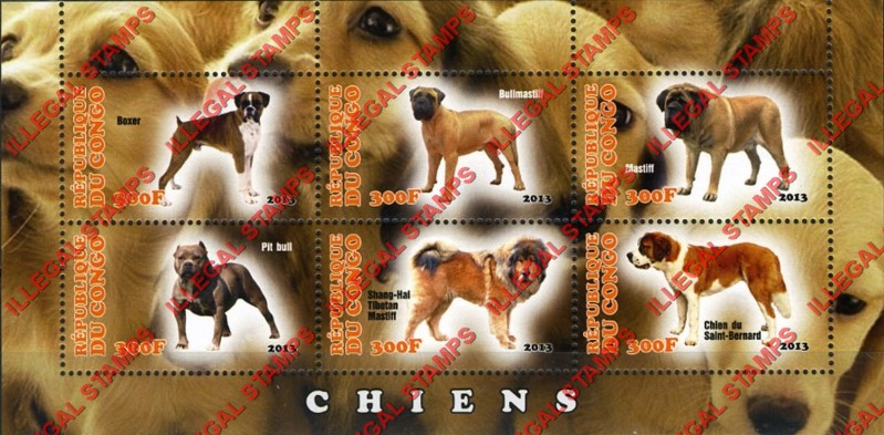 Congo Republic 2013 Dogs Illegal Stamp Souvenir Sheet of 6 Congo Republic 2013 Dogs Illegal Stamp Souvenir Sheet of 6