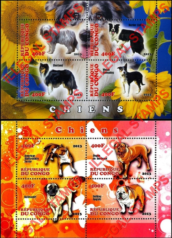 Congo Republic 2013 Dogs Illegal Stamp Souvenir Sheets of 4 Congo Republic 2013 Dogs Illegal Stamp Souvenir Sheets of 4