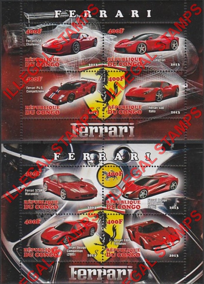 Congo Republic 2013 Ferrari Illegal Stamp Souvenir Sheets of 4 Congo Republic 2013 Ferrari Illegal Stamp Souvenir Sheets of 4