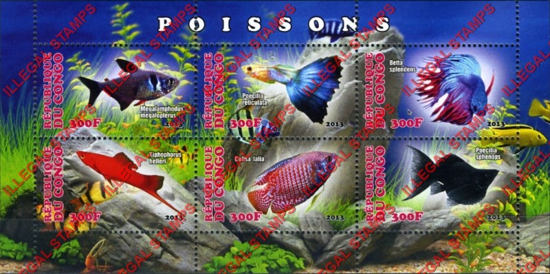 Congo Republic 2013 Fish Illegal Stamp Souvenir Sheet of 6 Congo Republic 2013 Fish Illegal Stamp Souvenir Sheet of 6