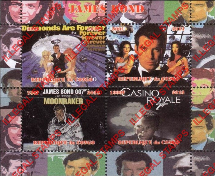 Congo Republic 2013 James Bond Illegal Stamp Souvenir Sheet of 4 Congo Republic 2013 James Bond Illegal Stamp Souvenir Sheet of 4