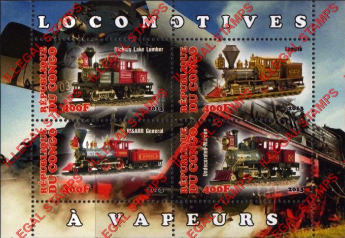 Congo Republic 2013 Steam Locomotives Illegal Stamp Souvenir Sheet of 4 Congo Republic 2013 Steam Locomotives Illegal Stamp Souvenir Sheet of 4