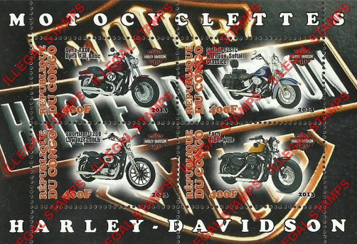 Congo Republic 2013 Harley Davidson Motorcycles Illegal Stamp Souvenir Sheet of 4 Congo Republic 2013 Harley Davidson Motorcycles Illegal Stamp Souvenir Sheet of 4