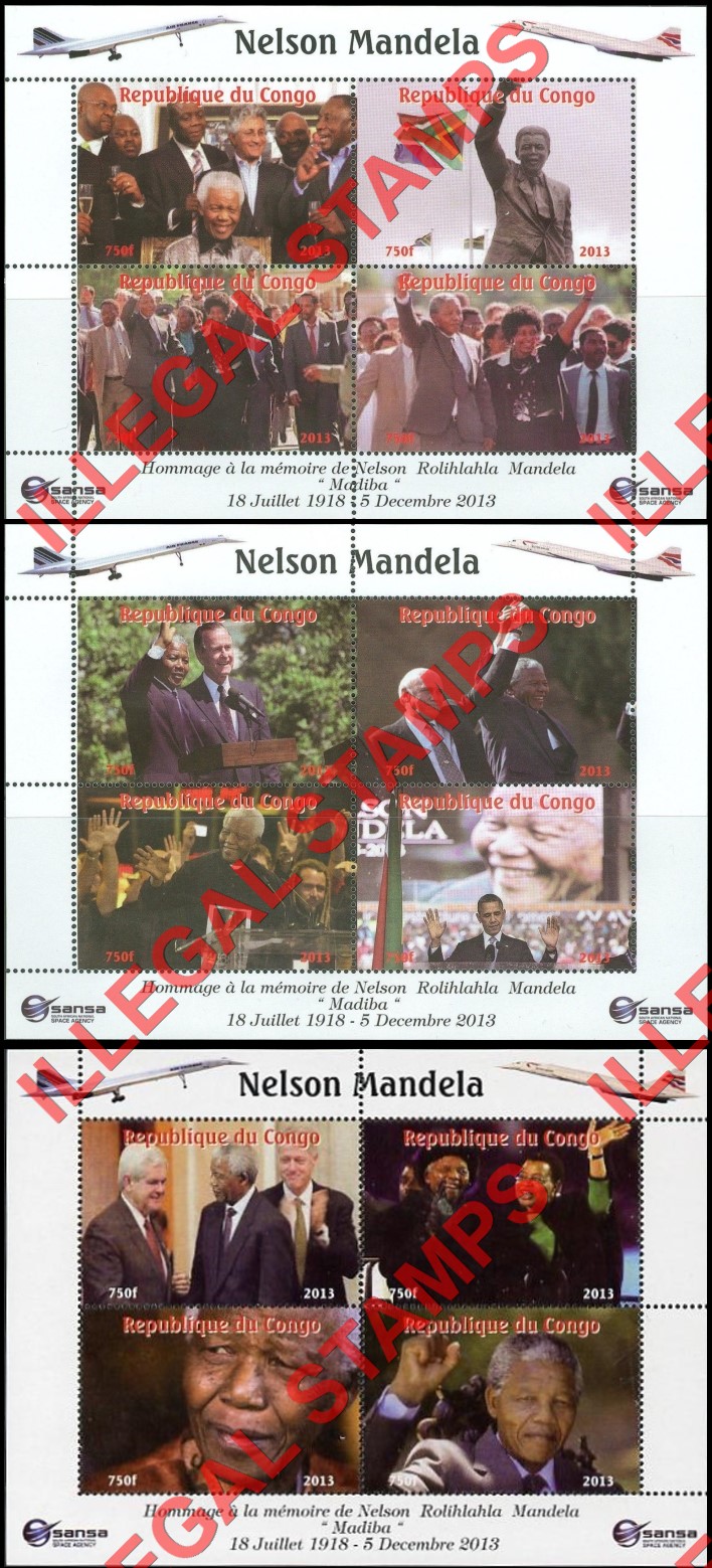 Congo Republic 2013 Nelson Mandela Illegal Stamp Souvenir Sheets of 4 with Concorde in Corners Congo Republic 2013 Nelson Mandela Illegal Stamp Souvenir Sheets of 4 with Concorde in Corners