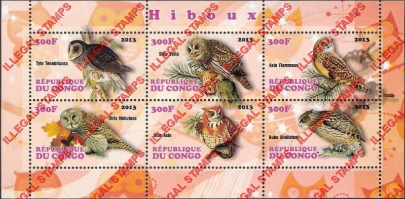 Congo Republic 2013 Owls Illegal Stamp Souvenir Sheet of 6 Congo Republic 2013 Owls Illegal Stamp Souvenir Sheet of 6