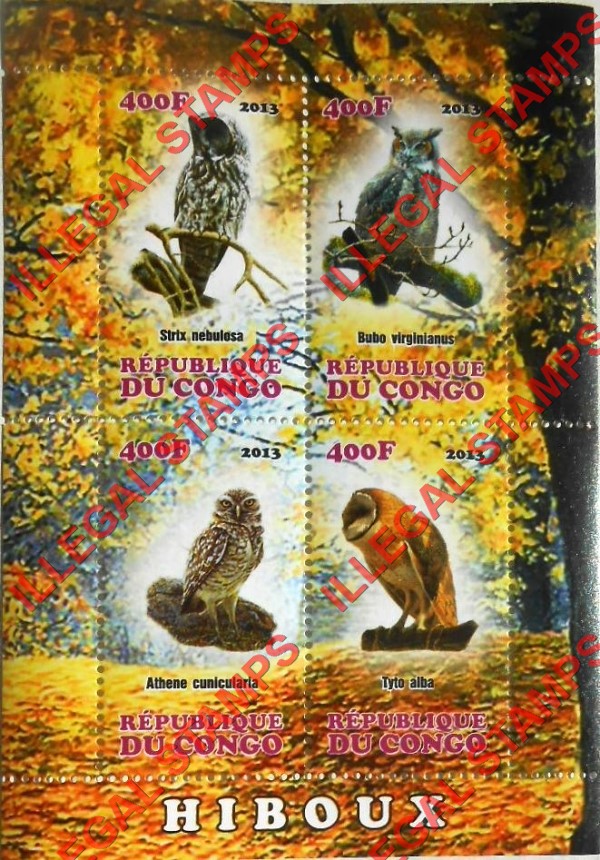 Congo Republic 2013 Owls Illegal Stamp Souvenir Sheet of 4 Congo Republic 2013 Owls Illegal Stamp Souvenir Sheet of 4