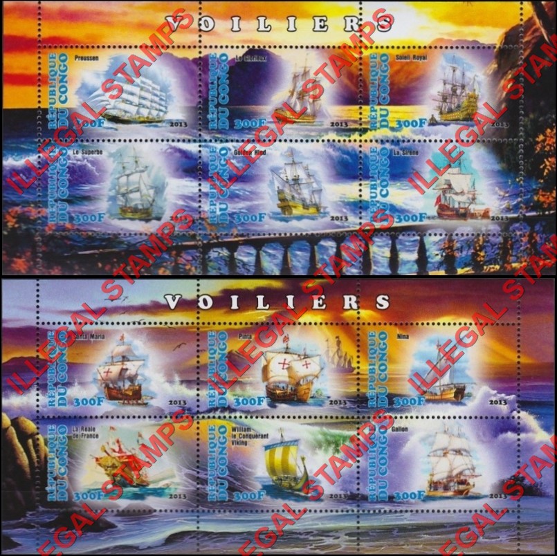 Congo Republic 2013 Sailing Ships Illegal Stamp Souvenir Sheets of 6 Congo Republic 2013 Sailing Ships Illegal Stamp Souvenir Sheets of 6