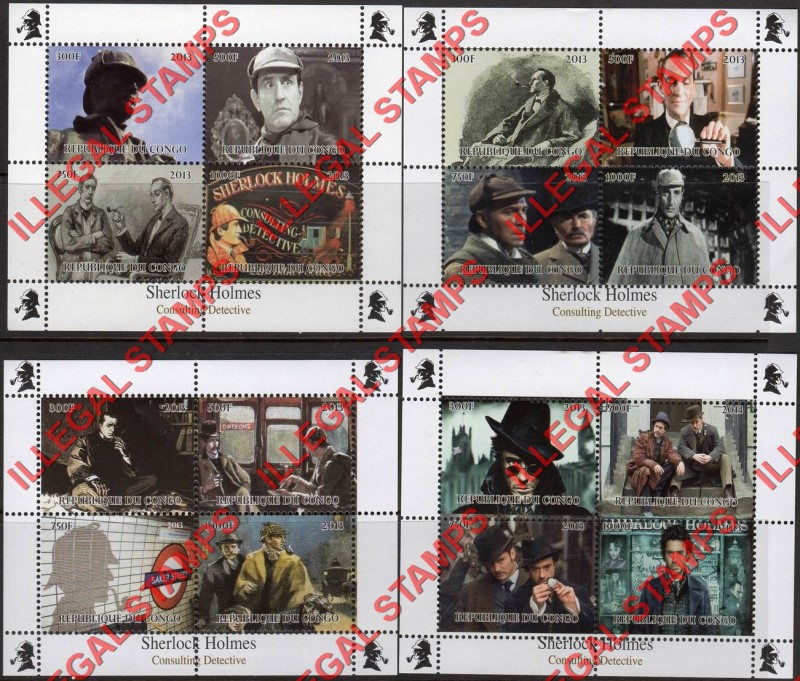 Congo Republic 2013 Sherlock Holmes Illegal Stamp Souvenir Sheets of 4 Congo Republic 2013 Sherlock Holmes Illegal Stamp Souvenir Sheets of 4
