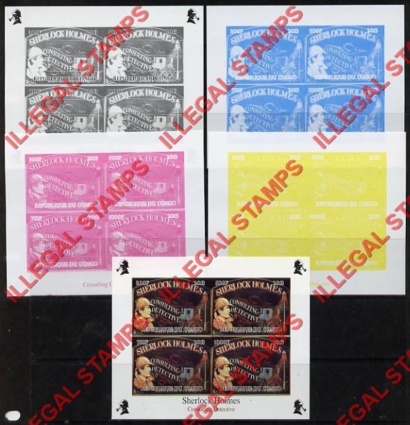 Congo Republic 2013 Sherlock Holmes Illegal Stamp Souvenir Sheet of 4 with Fake Color Proof Set Congo Republic 2013 Sherlock Holmes Illegal Stamp Souvenir Sheet of 4 with Fake Color Proof Set