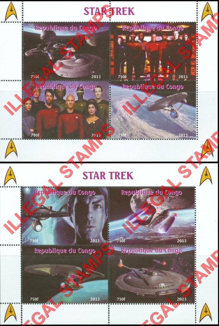 Congo Republic 2013 Star Trek Illegal Stamp Souvenir Sheets of 4 Congo Republic 2013 Star Trek Illegal Stamp Souvenir Sheets of 4