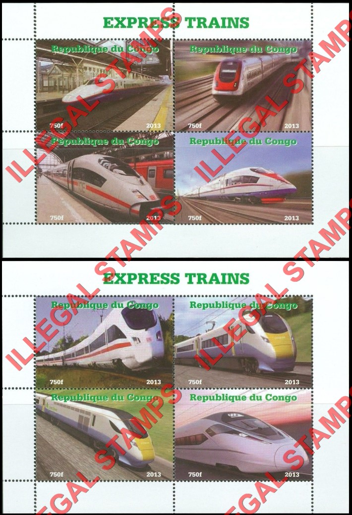 Congo Republic 2013 Express Trains Illegal Stamp Souvenir Sheets of 4 Congo Republic 2013 Express Trains Illegal Stamp Souvenir Sheets of 4