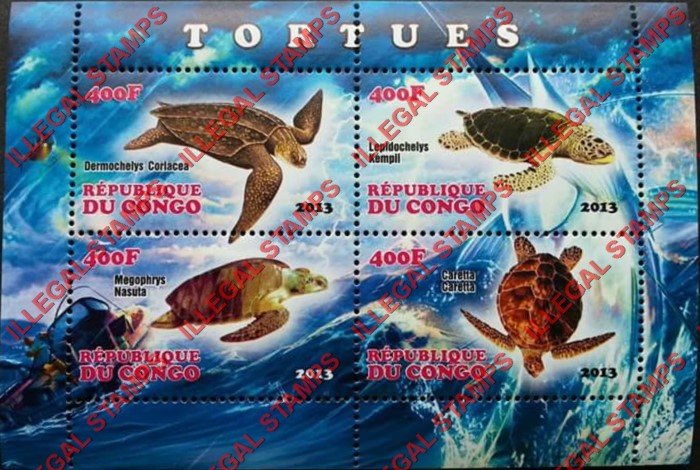 Congo Republic 2013 Turtles Illegal Stamp Souvenir Sheet of 4 Congo Republic 2013 Turtles Illegal Stamp Souvenir Sheet of 4