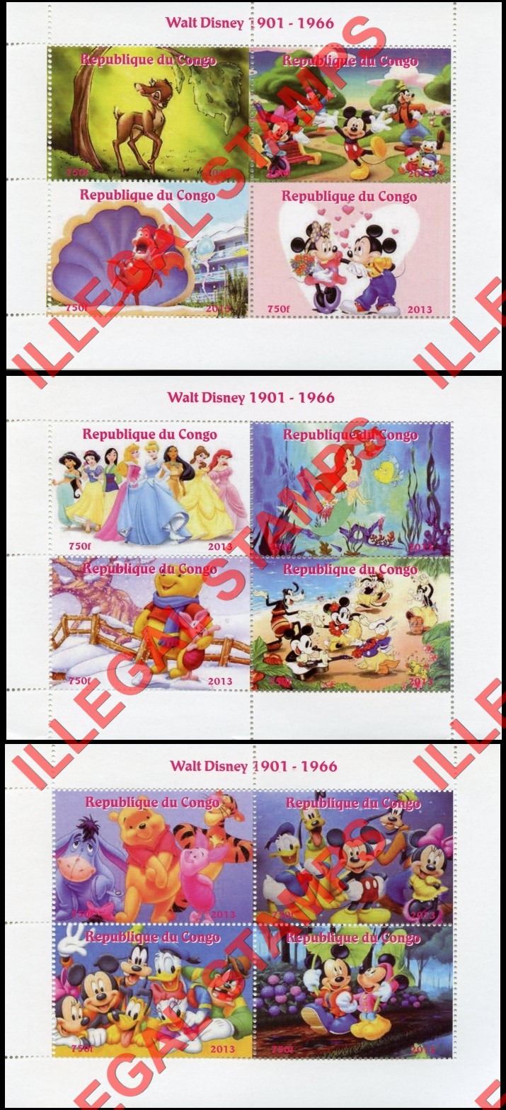 Congo Republic 2013 Walt Disney Cartoons Illegal Stamp Souvenir Sheets of 4 Congo Republic 2013 Walt Disney Cartoons Illegal Stamp Souvenir Sheets of 4