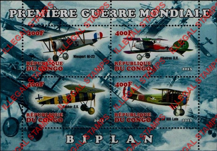 Congo Republic 2013 World War II Biplanes Illegal Stamp Souvenir Sheet of 4 Congo Republic 2013 World War II Biplanes Illegal Stamp Souvenir Sheet of 4