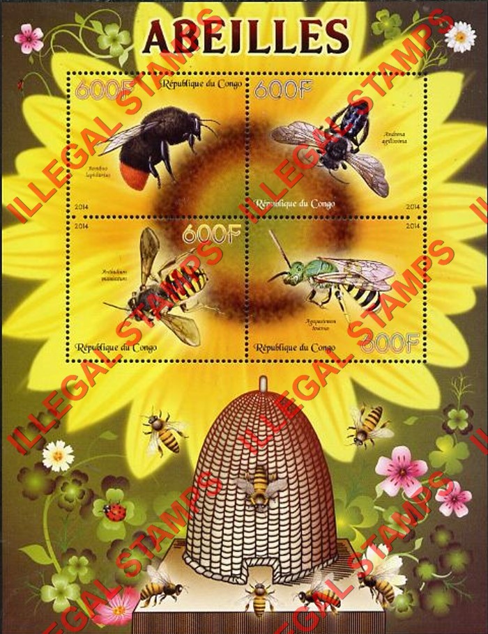 Congo Republic 2014 Bees Illegal Stamp Souvenir Sheet of 4 Congo Republic 2014 Bees Illegal Stamp Souvenir Sheet of 4