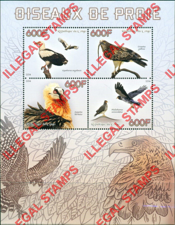 Congo Republic 2014 Birds of Prey Illegal Stamp Souvenir Sheet of 4 Congo Republic 2014 Birds of Prey Illegal Stamp Souvenir Sheet of 4